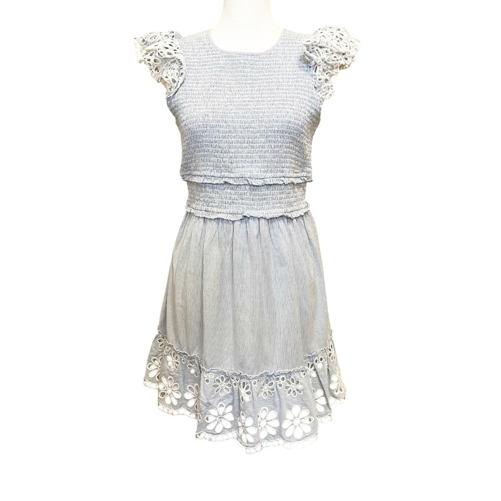 SAYLOR NWT Smocked Mini Dress Size Large Blue Pinstripe Eyelet Coquette Preppy - Picture 4 of 12